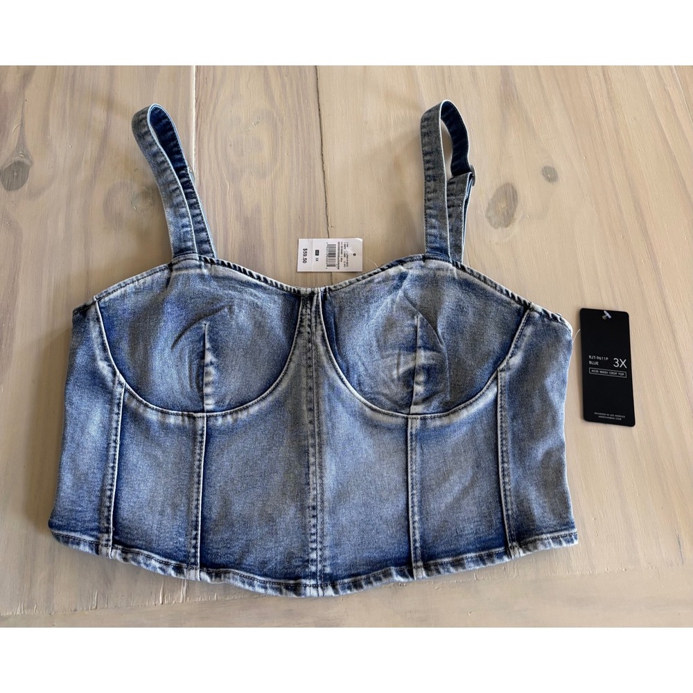 American Bazi Blue Acid Wash Denim Corset Crop‎ Top 3X RJT-9611P New